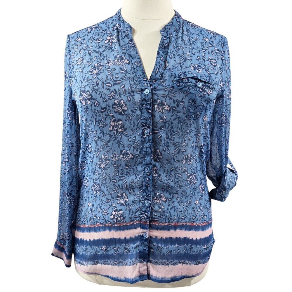Kut from the Kloth Jasmine Blue Floral Sheer Chiffon Roll Tab Blouse Romantic